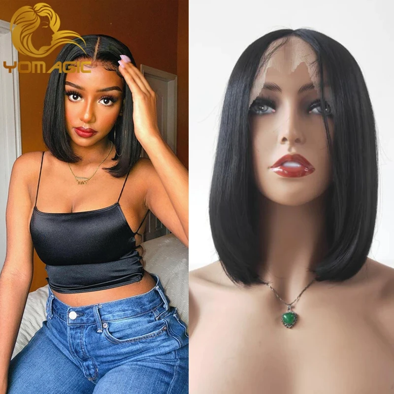 Yomagic Hair Black Color Synthetic Hair Lace Part Wigs with Baby Hair Straight Hair Short BoB T Part Lace Wigs with Pre Plucked