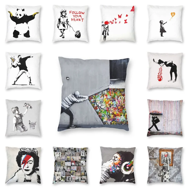 Banksy Uncovering Graffiti Pillow Cover Home Decor Cushion Sofa Street Art Cushion Cover Throw Pillow for Car Decorative Cushoin