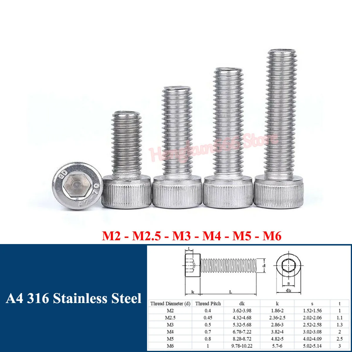 

M2 M2.5 M3 M4 M5 M6 Hexagon Hex Socket Head Cap Screw Allen Bolts DIN 912 A4 Stainless Steel 316 Marine Grade