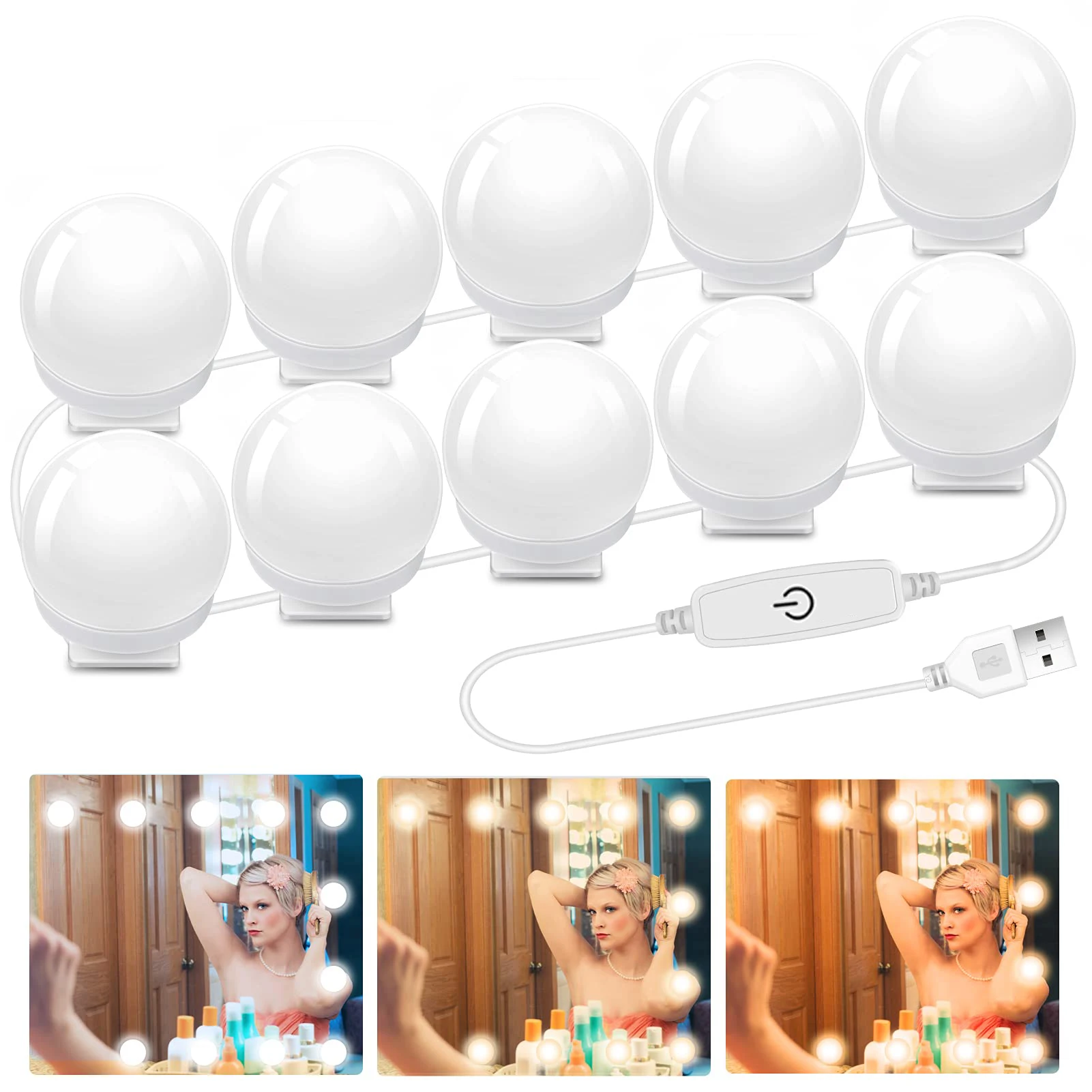 

USB Hollywood Style Led Vanity Mirror Lights 3 Modes Colors with 14 Dimmable Light Bulbs 5V for Makeup Dressing Table