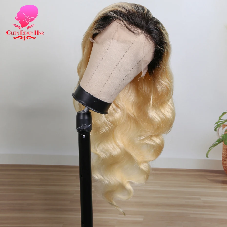 13x6 Full Lace Frontal Perücke aus Echthaar, 1B 613 Ombre Blonde Perücke mit dunklen Ansätzen, peruanische Body Wave Lace Front Echthaarperücken für Frauen – Detail 9
