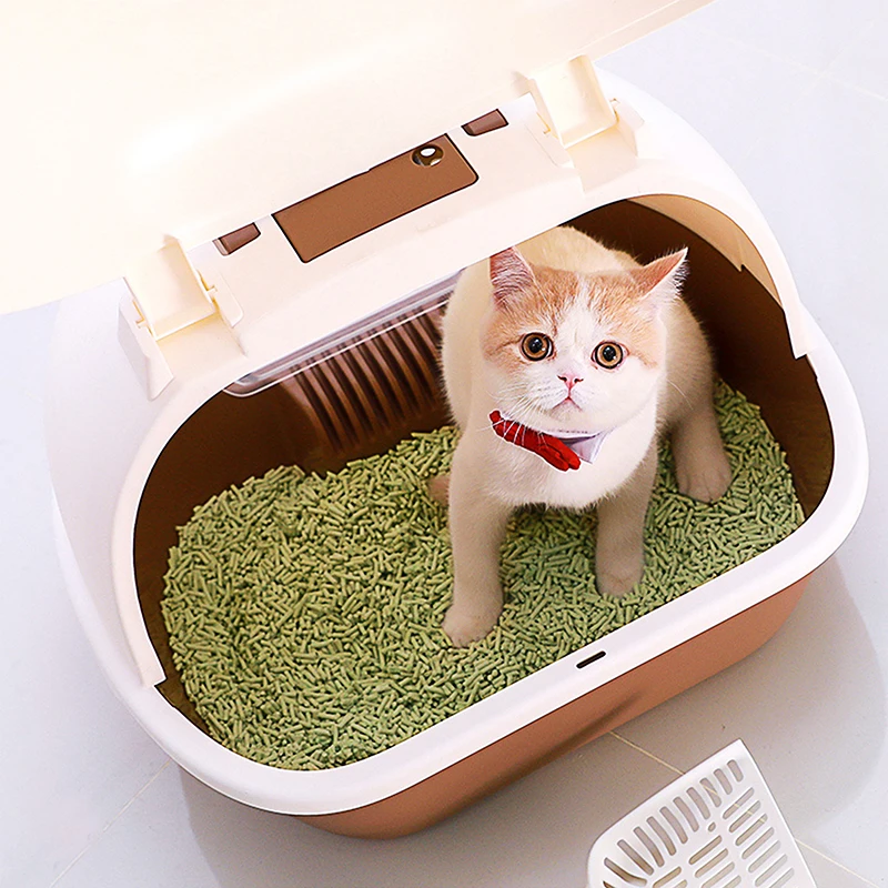 SMELL & SMILE Cat Toilet Sanitary Plunge Closed Tray Pet Cat Sand with Shovel 50x41x39cm Random Color