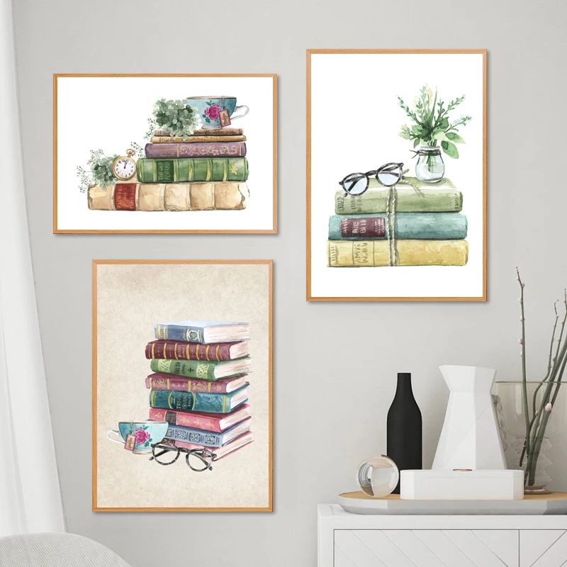 Book Lover Gift Books and Tea Watercolor Art Painting Canvas Prints Bookworm Bookish Gifts Study Book Stack Decoration Poster