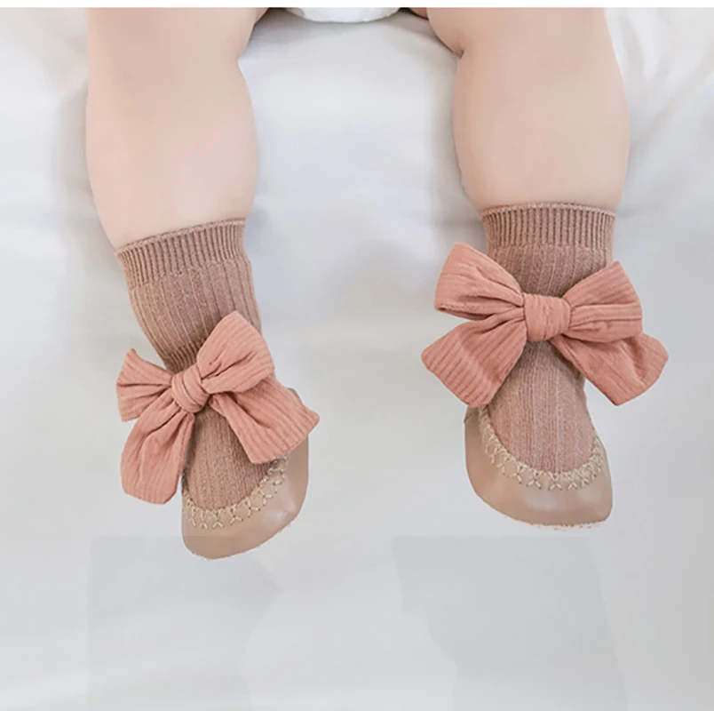 Spring Autumn Baby Girls PU Sole Floor Socks Non-Skid Infant Toddler Big Bow-Knot Stockings Newborn Winter Lace Socks Shoes