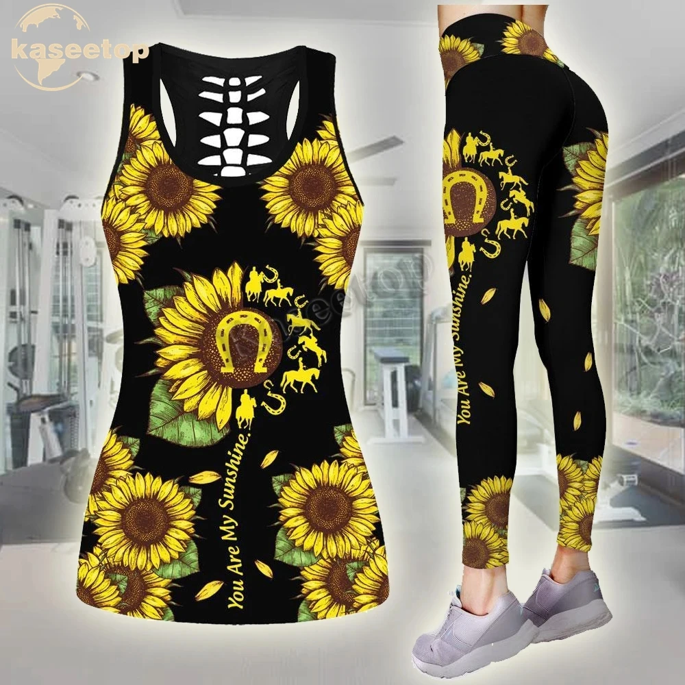 

Horse Sunfower Tank Top 3D Print Women Two Piece Yoga Set Vest Hollow Combo Tank Top Legging Waist Sport Fitness Quick Dry LK335