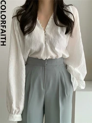 Colorfaith New 2022 Elegant Vintage Office Lady Fashionable Korean Fashion Spring Summer Women's Blouses Wild Shirts Tops BL3198