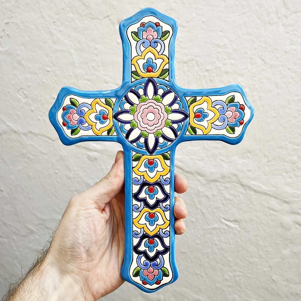 Ceramic cross 27cm (10.6 in)-enamel-hand glazed ceramic-made in Andalusia-Spain-Sevilla-CERAMICFROMSPAIN-