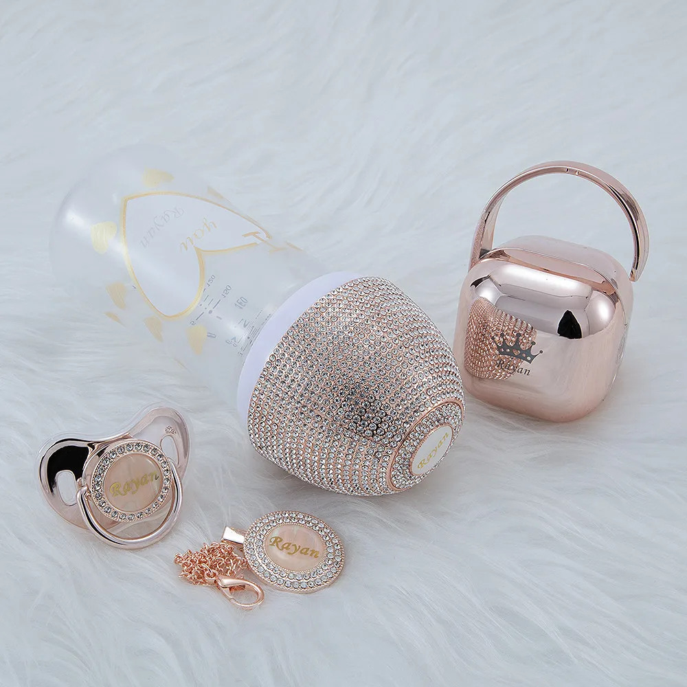 MIYOCAR personalized rose gold bling baby bottle pacifier and pacifier clip pacifier box holder set BPA free