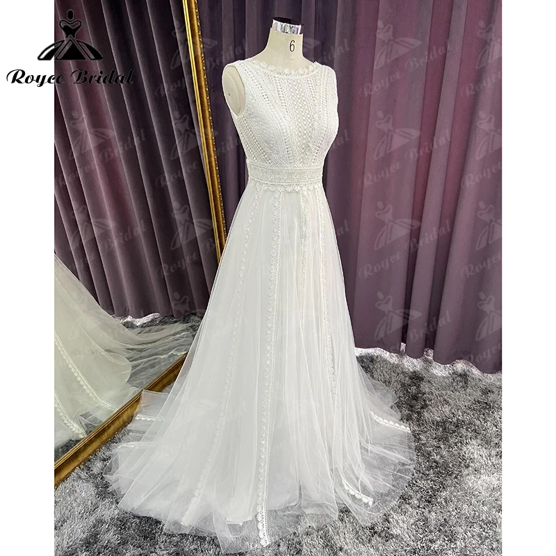 Boho O-Neck Off the Shoulder Lace Appliques A-Line Wedding Dress 2022 Tulle Bridal Gown Sweep Backless Button robe de mariée