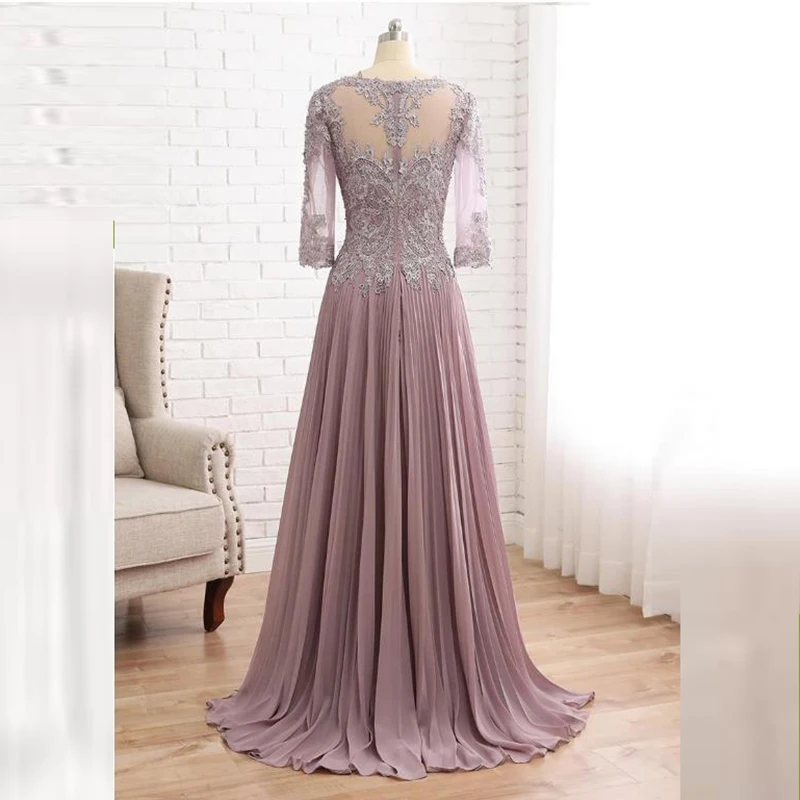 Customized Dusty Rose Mother of the Bride Dress 2024 Lace 3/4 Sleeves Wedding Party Gowns Appliqued Pleated Mother Gowns On Sale