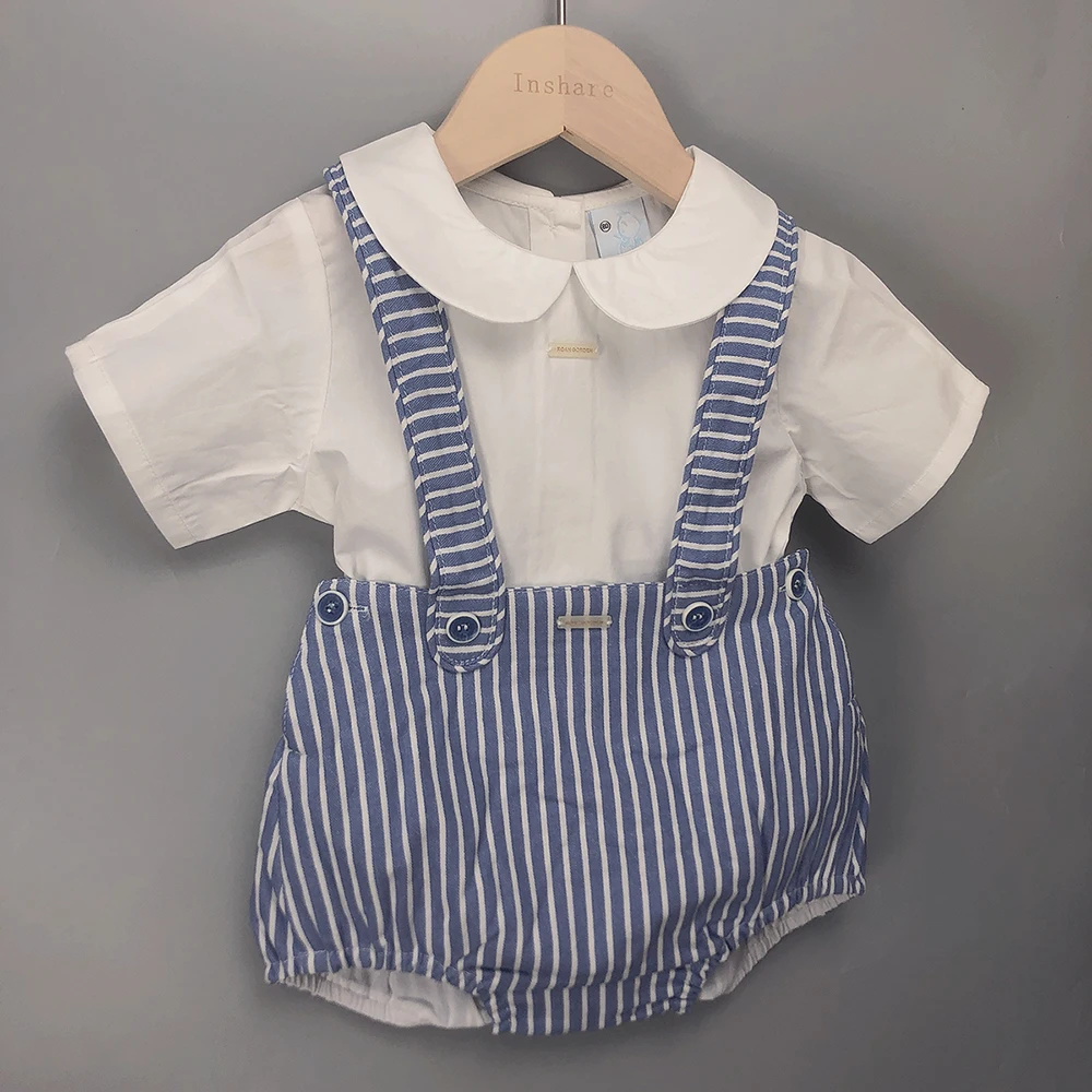 2Pcs Children Boutique Clothing Baby Boy Blue Navy Set Cotton Short Sleeves Shirt  Striped Straps Shorts Eid Clothes For 6m-3y