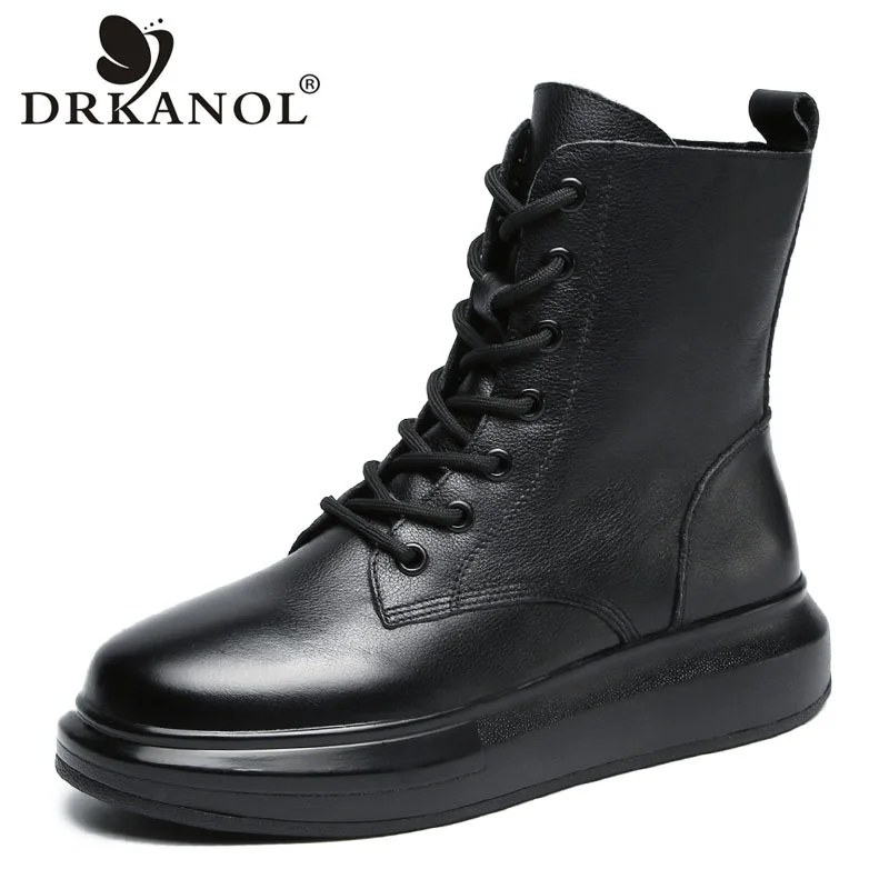 DRKANOL Brand Women Boots 2024 Autumn Winter Thick Bottom Warm Shoes Waterproof Genuine Leather Flat Platform Ankle Boots Women