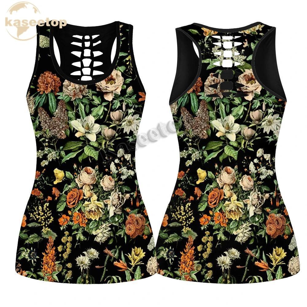 Floral Garden Yoga Combo Two Piece Yoga Set Women 3D Print Vest Hollow Out Hollow Tank & Legging Outfit Summer Casual LK48