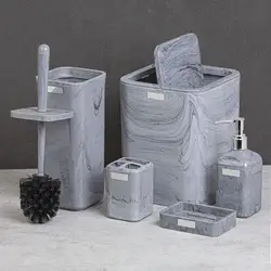 5 Pcs Gray Bathroom Set Marble Pattern Lux Toilet Brush Trash Can Solid Soap Dispenser Liquid Soap Dispenser Toothbrush Holder