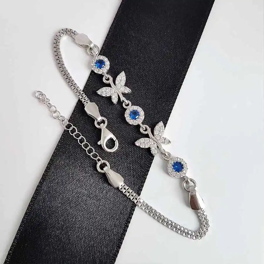 925 Sterling Silver Women Wristband Bracelet Blue Dragonfly Gift Birthday Precious Stylish Chain Luxury