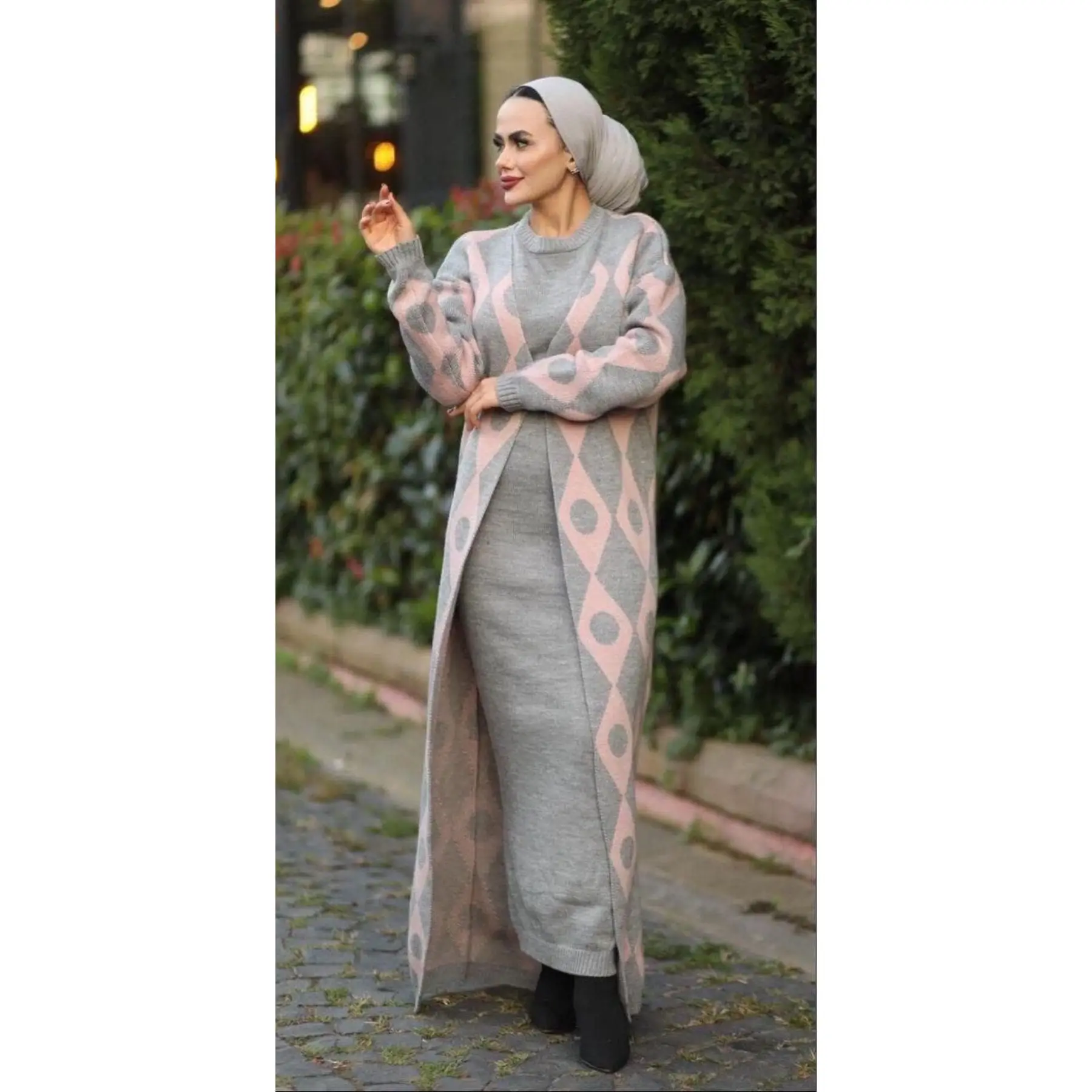 2 Piece Women\'s Set Polkadot Patterned Knitwear Maxi Long Sleeve Dress and Maxi Cardigan Long Sleeve Turkey Muslim Fashion 2021