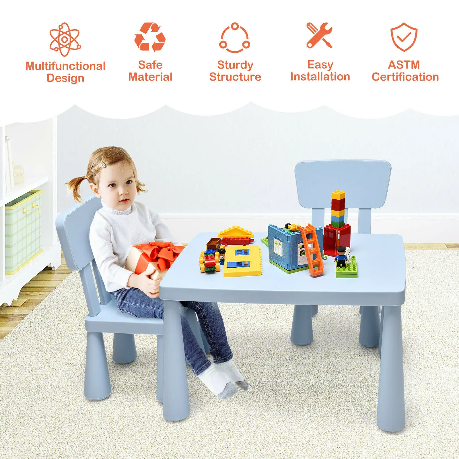 Juego de mesa y 2 sillas para niños pequeños, juego de comedor, escritorio de estudio, regalo para bebés, azul, HW66810BL