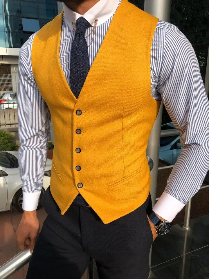 Men Vest Classic Cotton Blended Yellow Slim Fit Formal Suit Waistcoat Single Breasted Vest Men Classic V Neck For Wedding