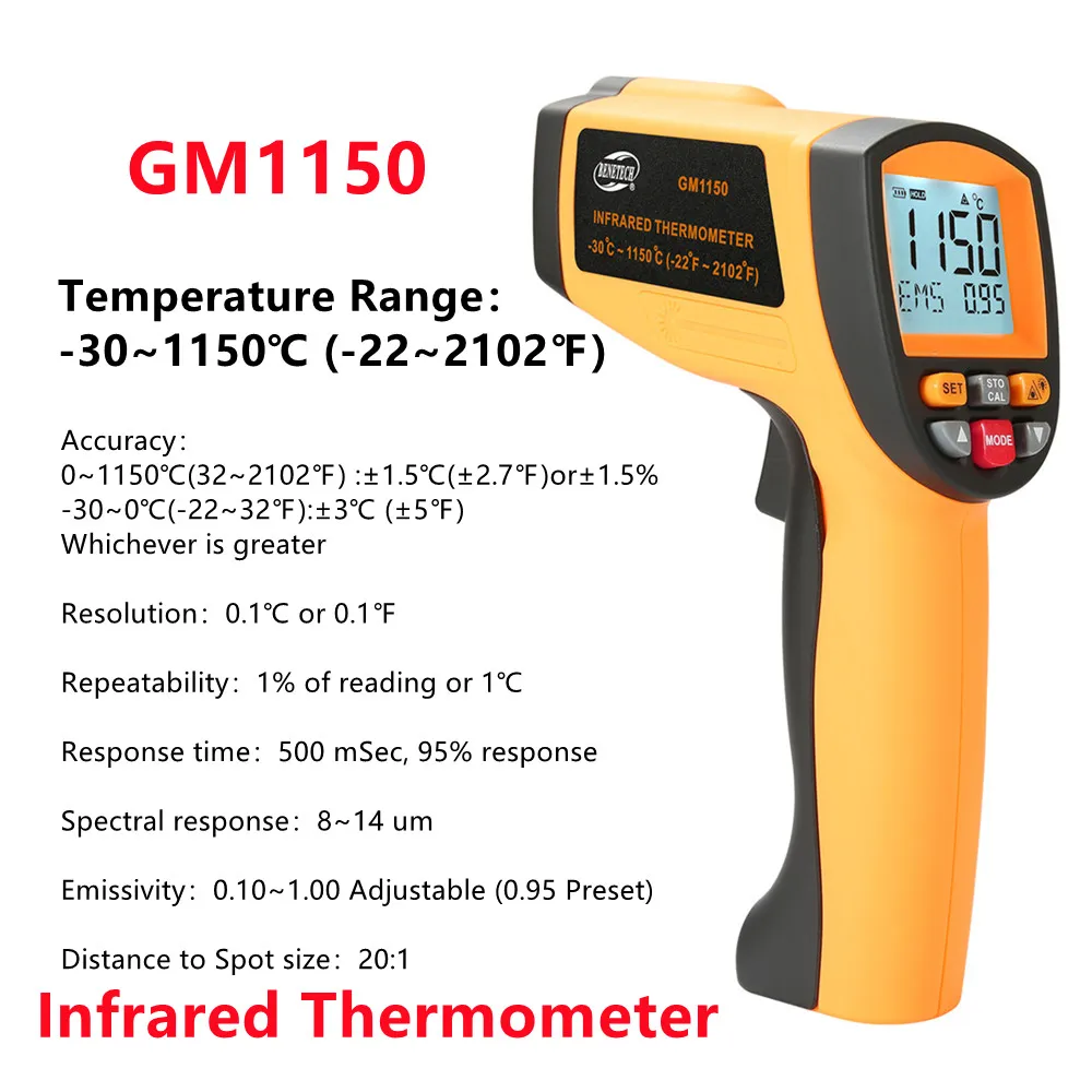 5PCS -30~1150℃ Infrared Thermometer GM1150 Industrial Laser Temperature Gun LCD Thermometer Meter Non-Contact Industrial