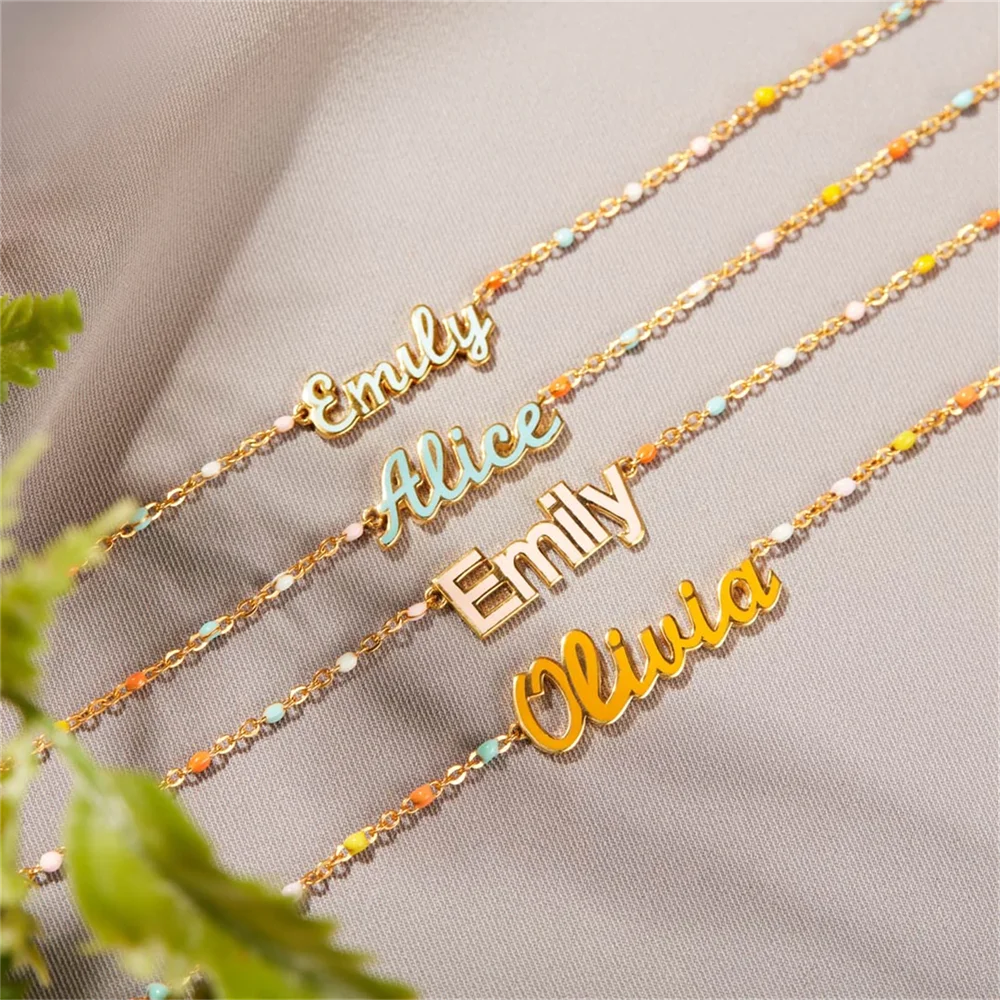 New Personalized Enamel Name Bracelet For Women Colorful Enamel Nameplate Customizable Colors Jewelry Gift