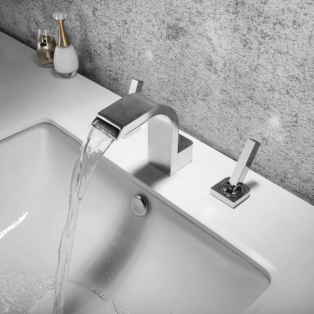 

SKOWLL 3 Hole Chrome Bathroom Faucet Waterfall 2 Handles Bathroom Faucet Hot Cold Water Deck Mounted Tapware Basin mixer