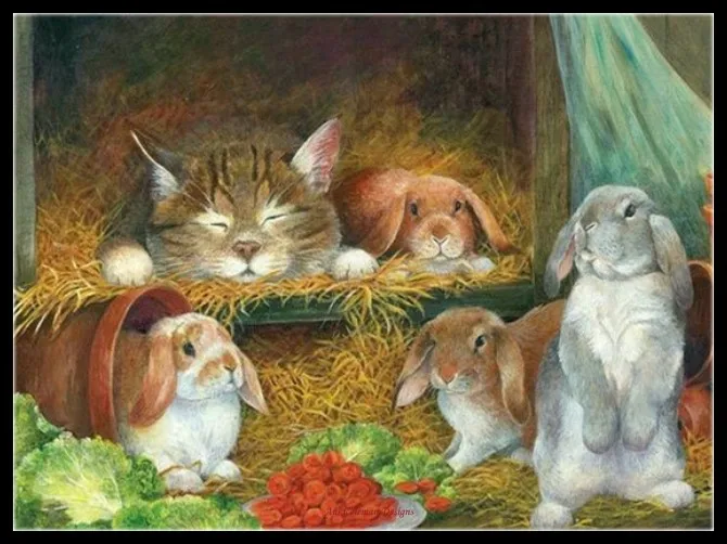 Needlework for embroidery DIY Crafts High Quality - Counted Cross Stitch Kits 14 ct Oil painting - Cat and Bunnies