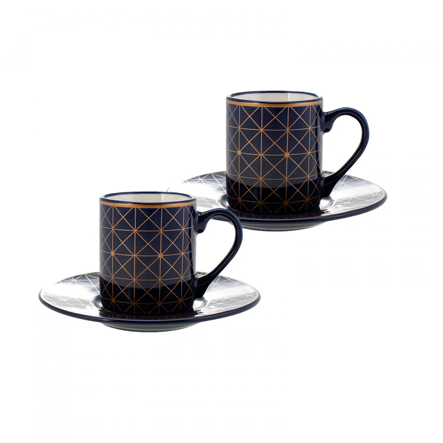 Jumbo Geometrical Porcelain Turkish Coffee Cups Boxed Set with 2 Cups and 2 Saucers Mugs Tea Coffeeware Glass Drinkware