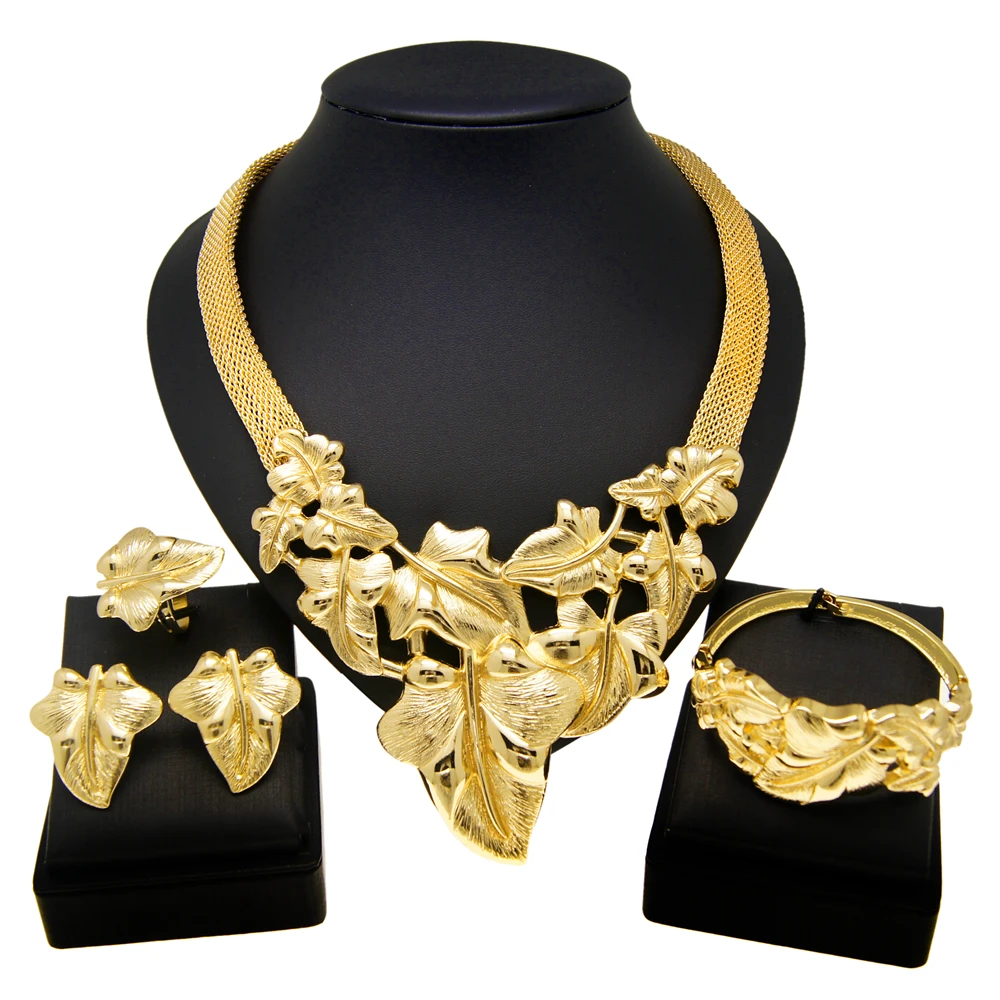 

YULAILI Hot Selling Versatile Floral Gold Plated Jewelry Set and Indian Woman Luxury Classic Earrings Ring Necklace Jewelry Sets