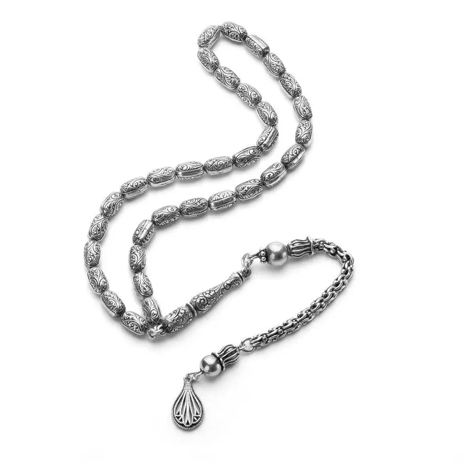 Silver Natural Erzurum Prayer Rosary Men Capsule Cut Rosary Islamic Tasbih Ornate Tassel 925k Silver Made in Turkey