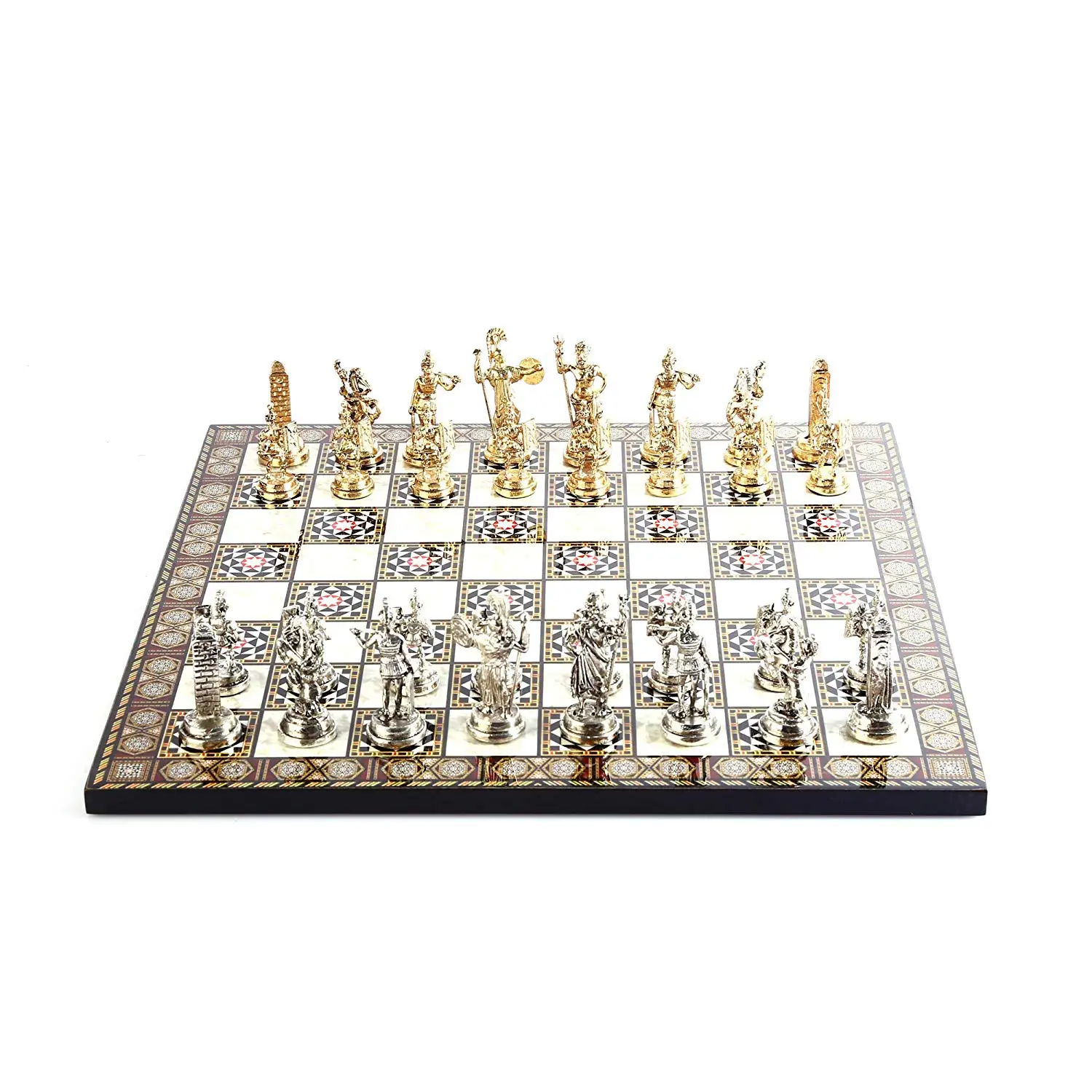 Historical Rome Figures Metal Chess Set,Handmade Cool Pieces and Mother-of-Pearl Patterned Wood Chess Board King 7 cm