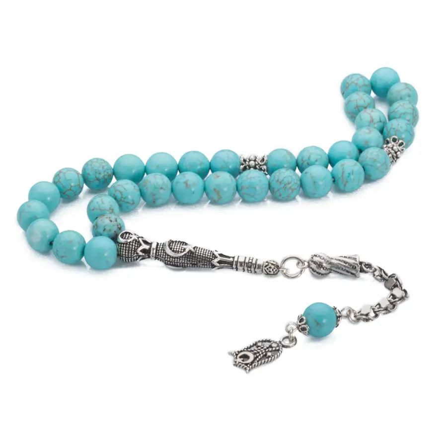 

Silver Blue Turquoise Gemstone Prayer Rosary Men Sphere Cut Rosary With Silver Tassel Turkish Tasbih Tulip With Moon Star Tassel