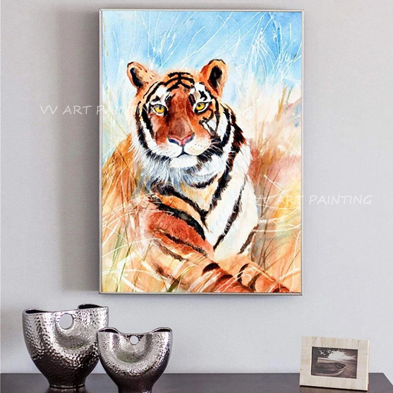 Realistic Yellow Eyes Tiger Handpainted Canvas Art, Wild Animal Wall Painting, Entryway Decor Quadros For House Presents