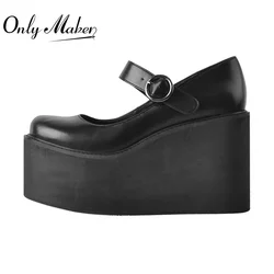 Onlymaker Women Mary Jane Shoes Round Toe Platform Pumps Ankle Buckle Matte Black Sweet Punk Big Size Shoes