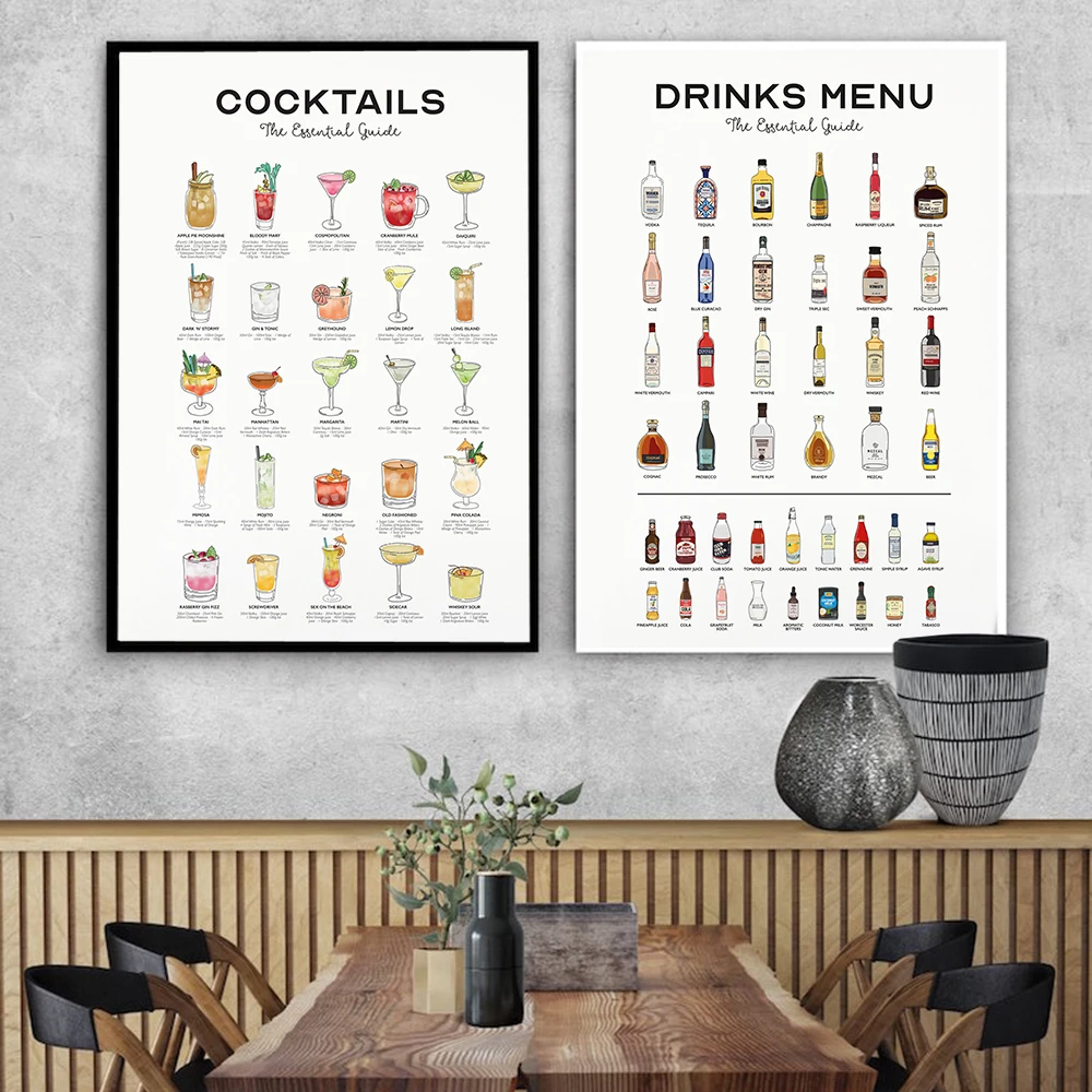 Modern Still Life Drink Cocktails Menu Guide Canvas Painting Coffee Shop Bar Wall Print Poster Minimalist Art Kitchen Home Decor