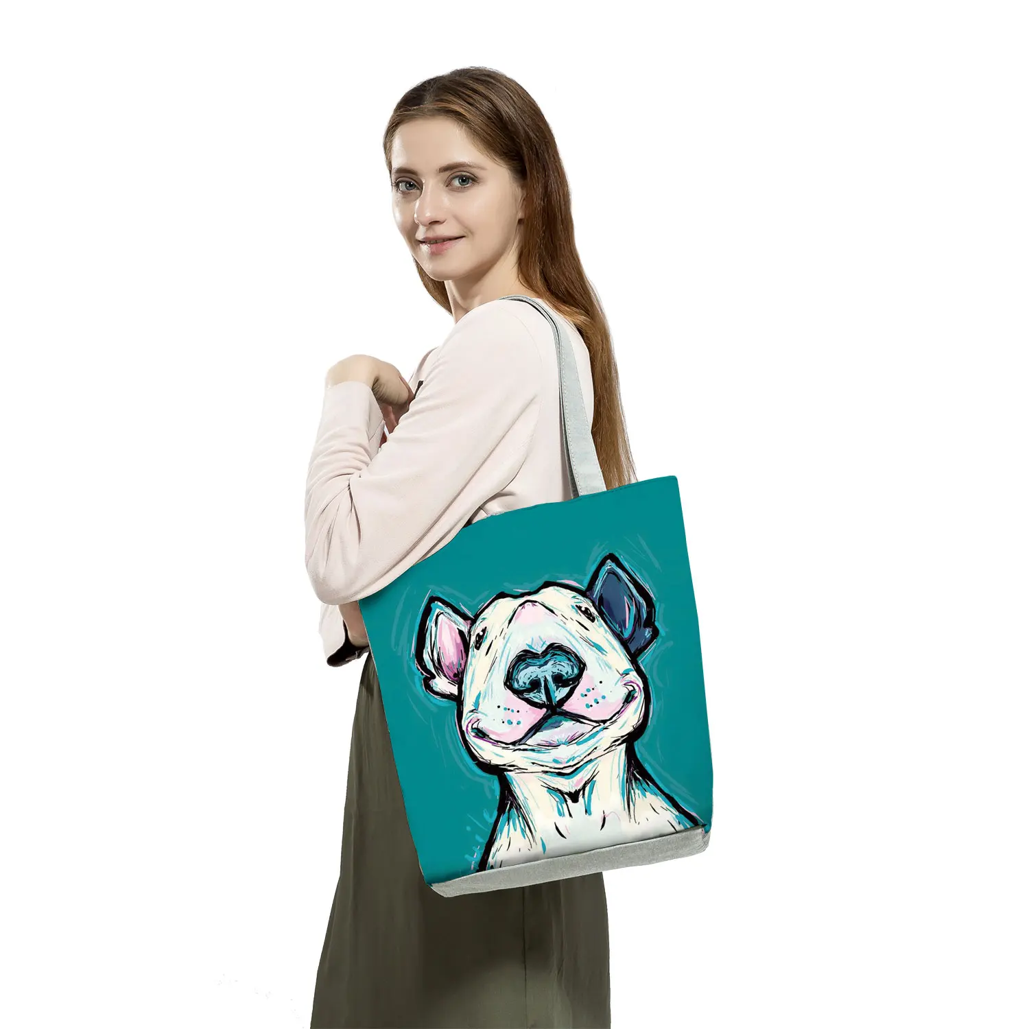 Color Painting Funny Bull Terrier Dog Print Shopping Bags Tote Women Ladies Casual Handbags Animal School Traveling Shoulder Bag
