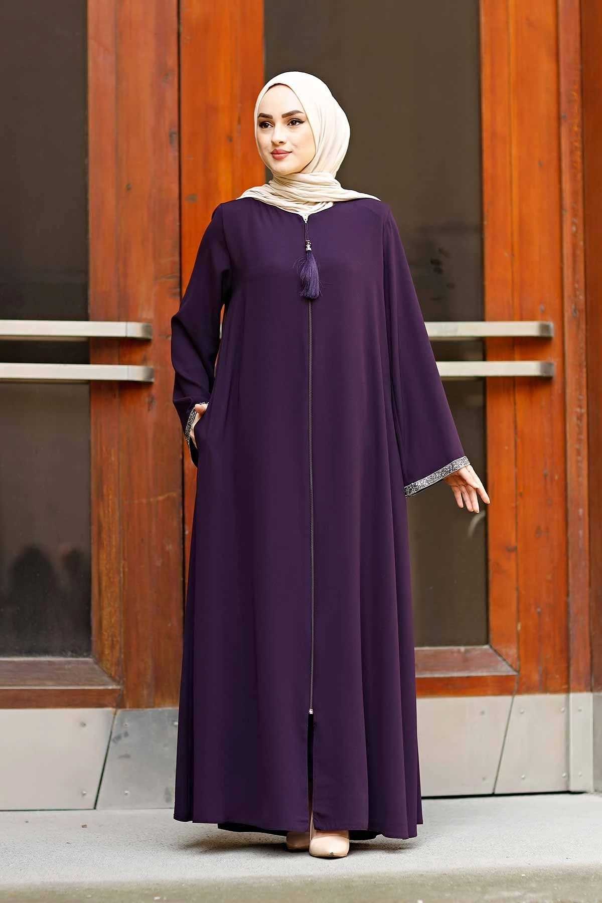 Front Zippered Arms Stone Abaya Dress Turkey Muslim Fashion Islam Clothing Dubai Istanbul Istanbulstyles 2021