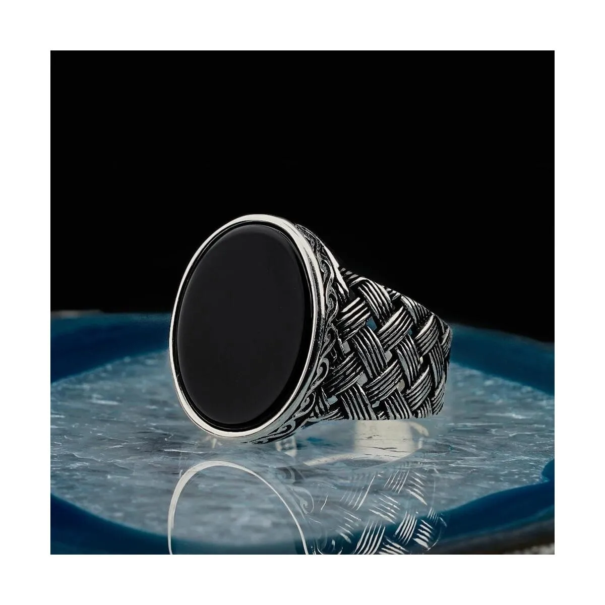 925 Sterling Silver Knitted Pattern Oval Black Onyx Stone Men's Ring Exclusive Chic Accessory for Men Special Ring