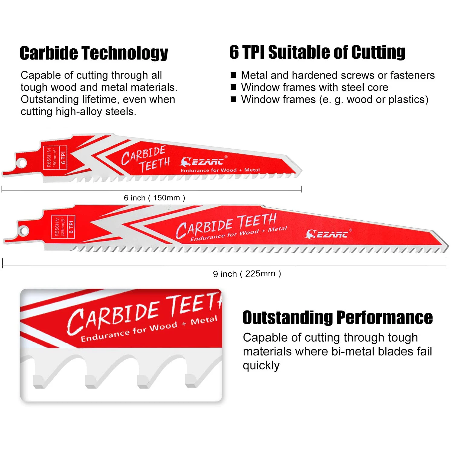 EZARC-Lame de Scie Alternative en Carbure, Endurance pour la Démolition du Bois Dur et du Métal, R656HM et R956HM, 150mm(6 en effet), 225mm(9 en effet), 6TPI, 3 Pièces