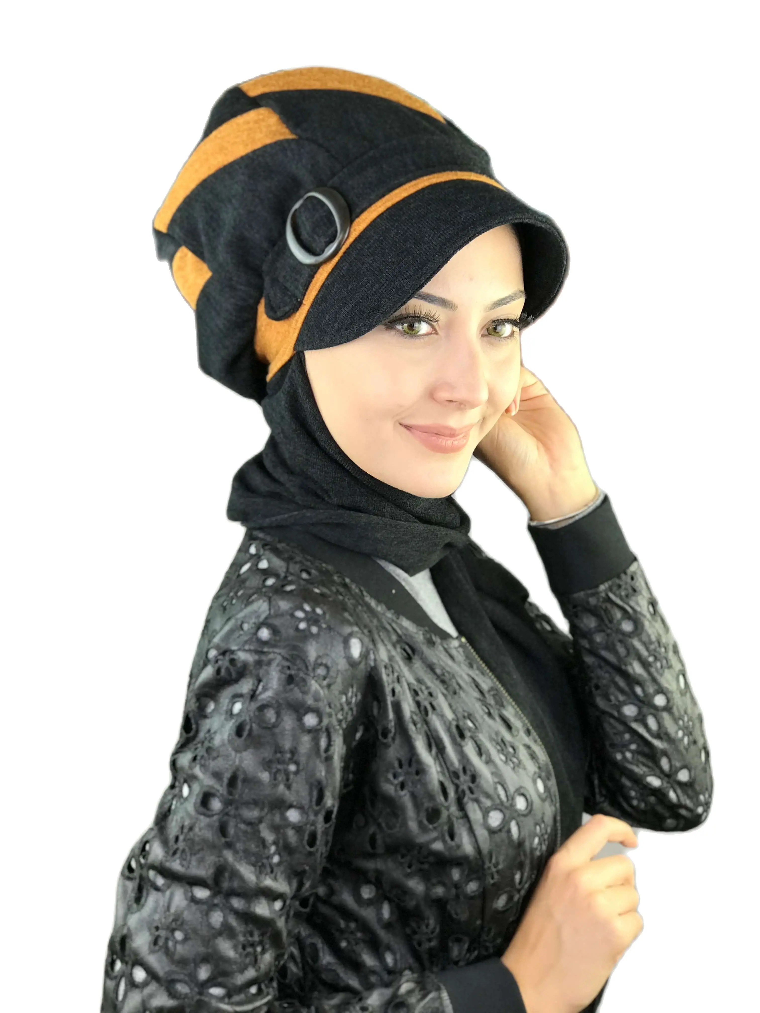 New Fashion Women 2022 Hijab Ladies Tulle Chiffon Chemo Cancer Head Wrap Black & Mustard Buckled Scarf Hat Shawl