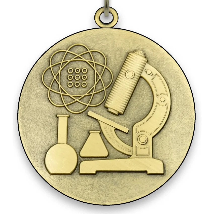 Large Metal Science Medal - Gold - 6,4 cm - with Neck Ribbon size 2,2cm x 80 cm, Choice of Ribbon Colours.