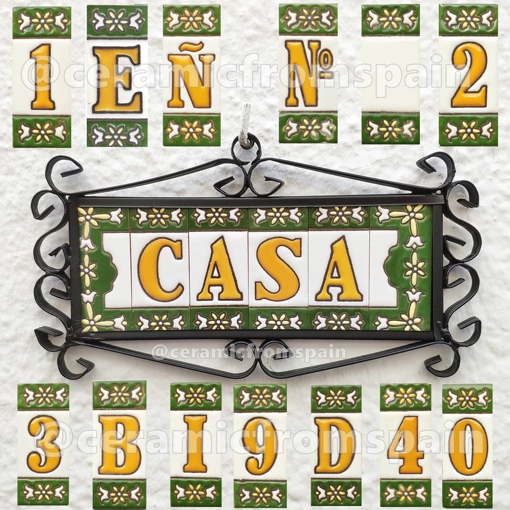 7,3 cm (2,9)-made in Andalusia, Spain-handmade glazed ceramic letters and numbers (green/yellow design)