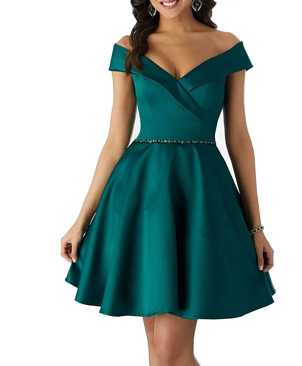 Cloverbridal 2021 Dark Green Satin A-lijn Off Shoulder Afstuderen Jurken Meisjes Homecoming Dres Jurk Vestidos De Fiesta DH9465