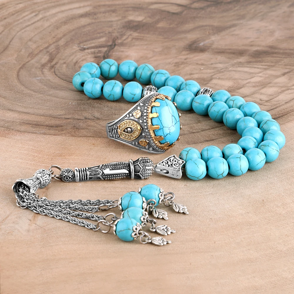 

Natural Turquoise Stone Tasbih and 925 Sterling Silver Men's Ring Jewelry Sets Handmade Prayer 33 Beads Islamic Men Gift Fashion