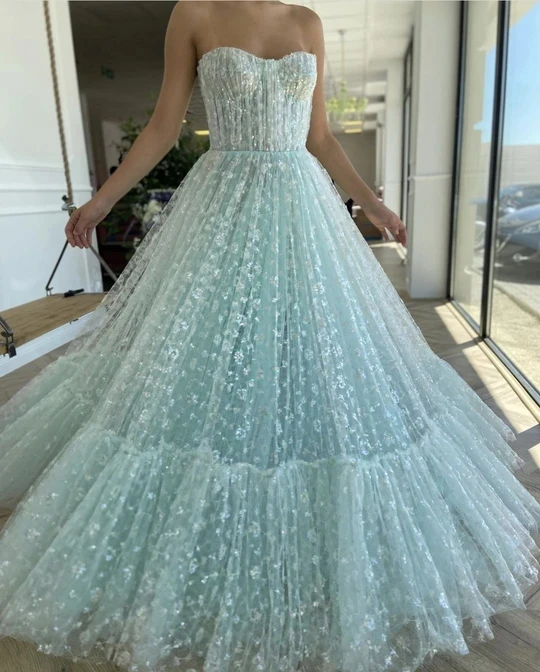 

LORIE Sparkly Sequined Tulle Light Blue Prom Dresses Sweetheart Shiny Princess Pocket Evening Dresses Vestidos De Noche 2021