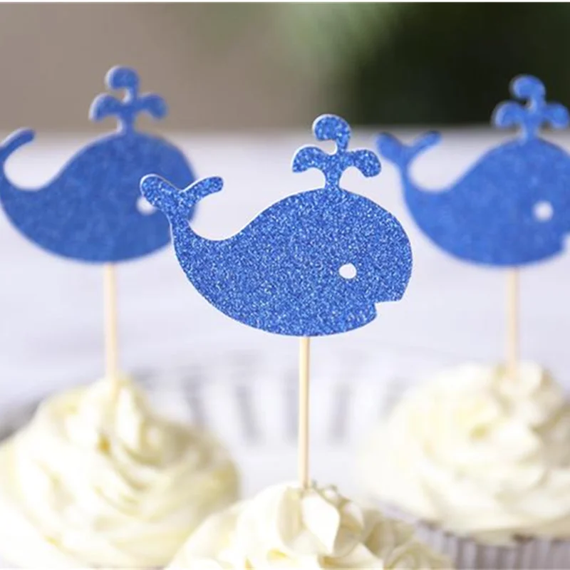 Customized Whale Glitter Cupcake Topper, Baby Shower Party Decorations, First Birthday Party