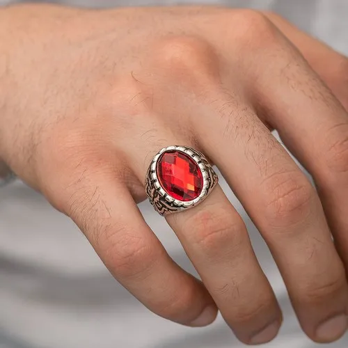 Ervanur Silver Plated Red Oval Cubic Zirconia Men Ring Turkish islam925 Sterling Silver Ring for Men Red Zircon Stone Jewelry Fashion