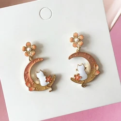 Korean Style Cute Cat Flower Moon Dangle Earrings For Women Moon Stars Rabbit Kitten Asymmetrical Earring Girl Party Jewelry