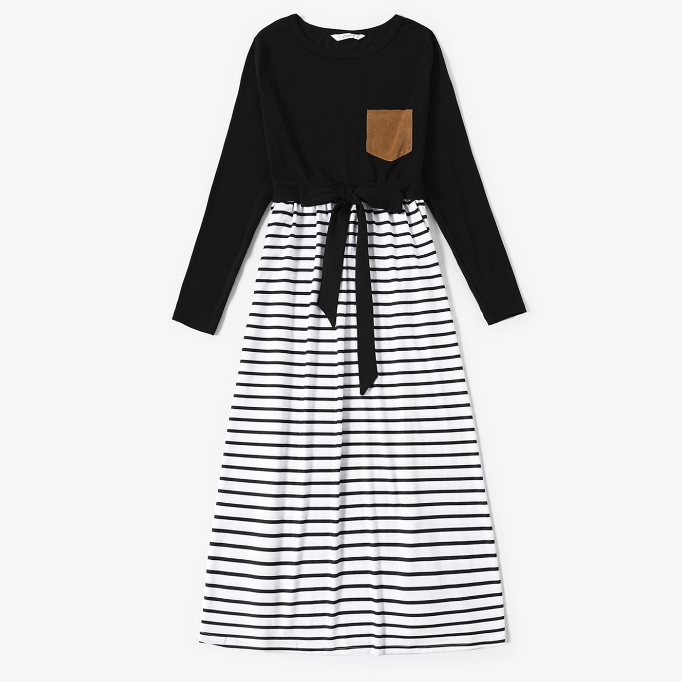 PatPat Family Matching Outfits Striped Long-sleeve Splicing Belted Dresses and Shirts Sets for Mom and Me Family Look Couples