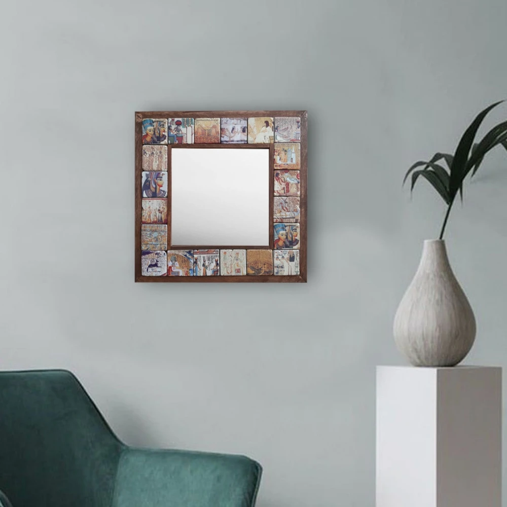 Handmade Wall Mirror Decorative Natural Stone Wooden Framed Art Decor Vintage Mosaic Printed Tile Square Gift Hang 33cmx33cm