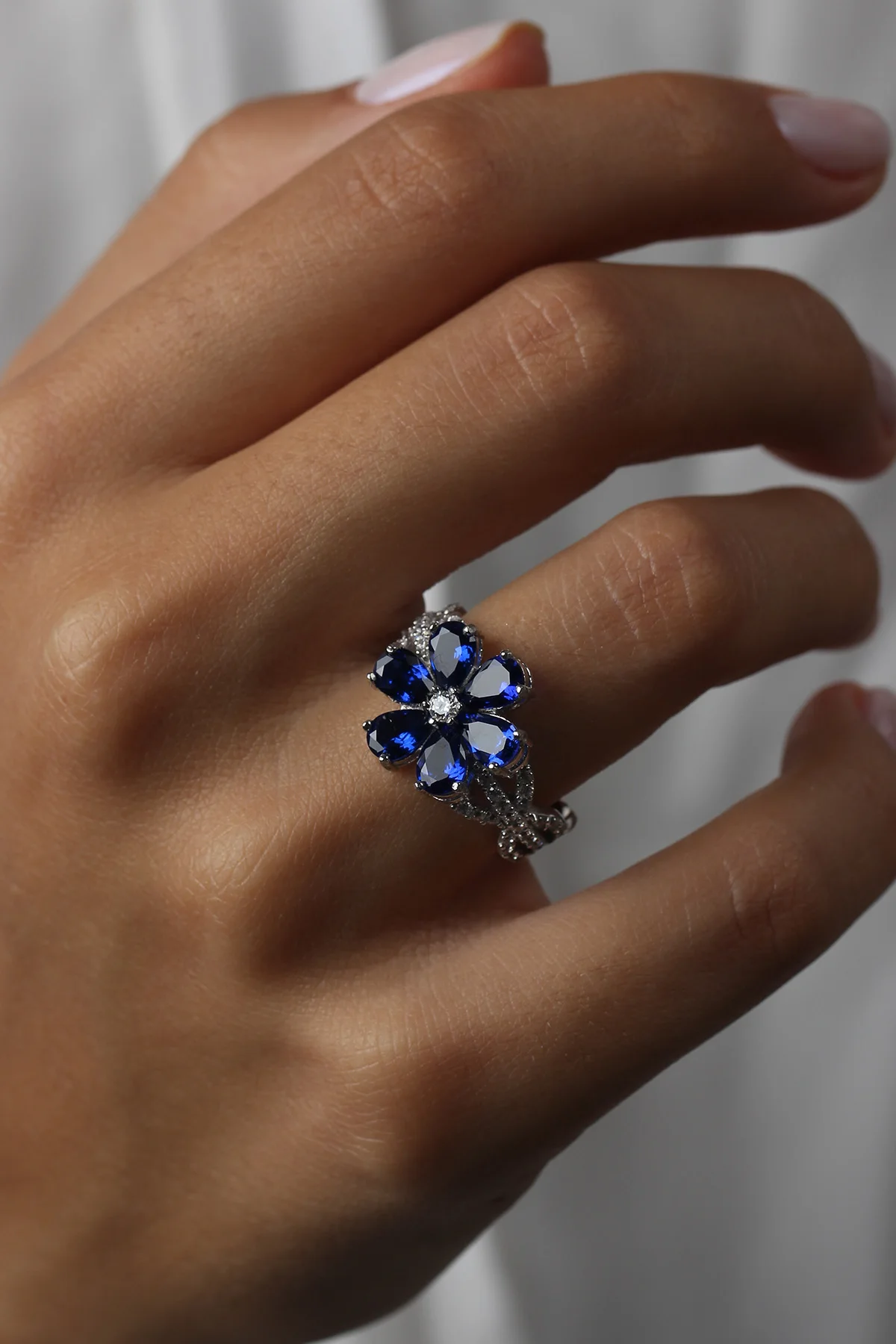 Valori Jewels Magnolia Flower Ring , 2 Ct Zircon Fancy Blue Pear Gemstone , Rhodium Plated ,925 Silver, Fine Jewelry